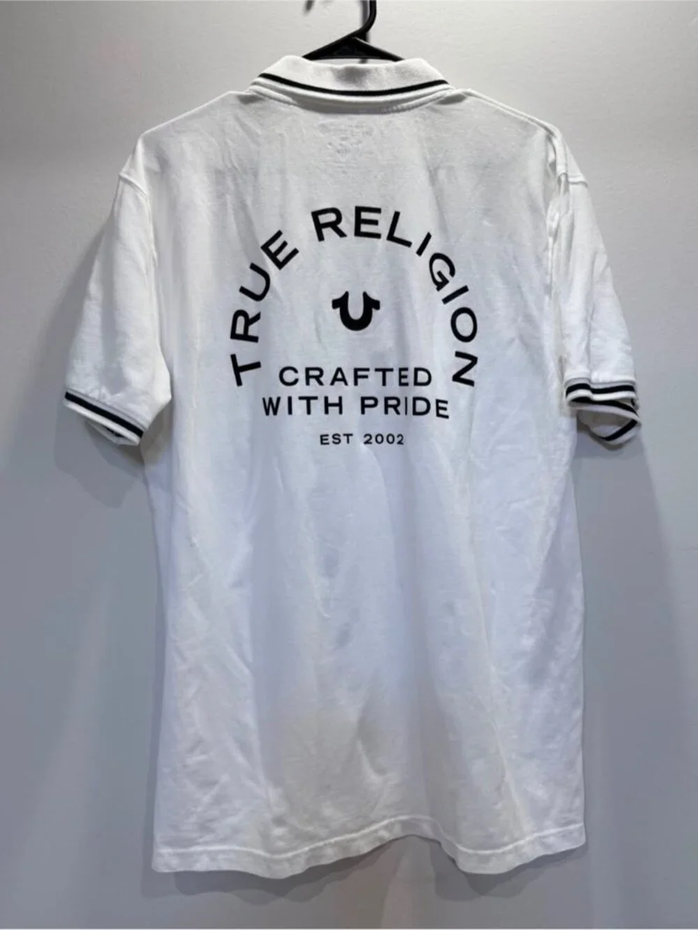 True Religion White Polo Shirt XL/TG Black Trim Logo Graphic Back